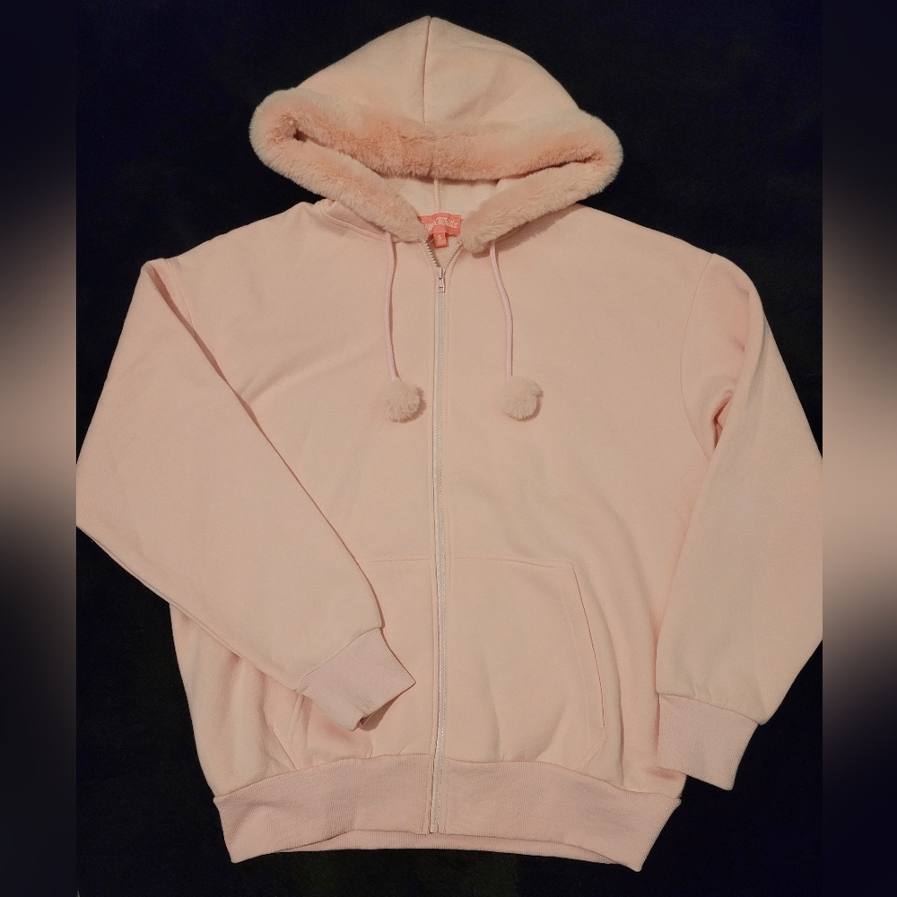Sugar Thrillz Pink Fur Trim Oversized Zip Up Hoodie Size Small